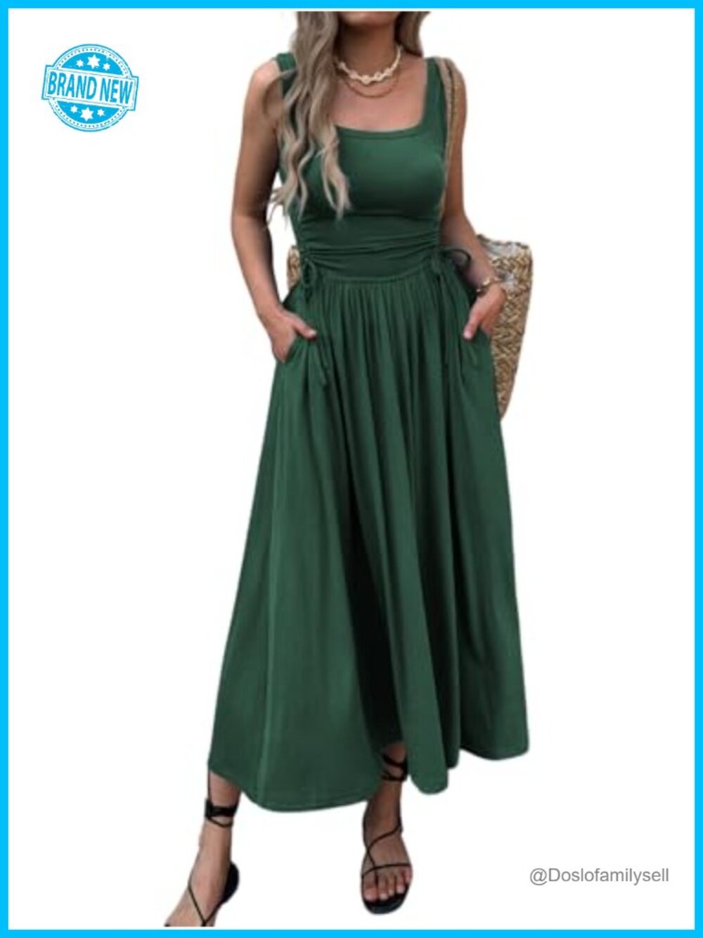 Women's Boho Maxi Dress with Pockets Adjustable Waist Sleeveless Beach Sundress